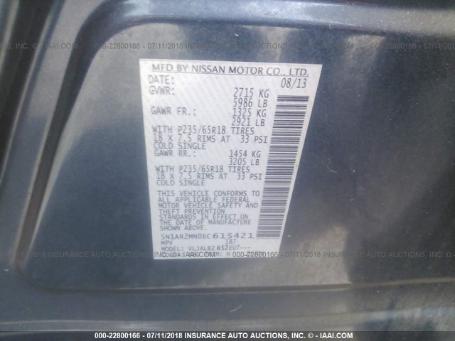 5N1AR2MN0EC615421 - 2014 NISSAN PATHFINDER S/SV/SL/PLATINUM 蓝色 照片 9