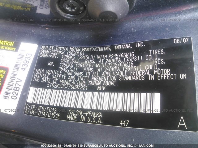 5TDZK23C77S097921 - 2007 TOYOTA SIENNA CE/LE GRAY photo 9