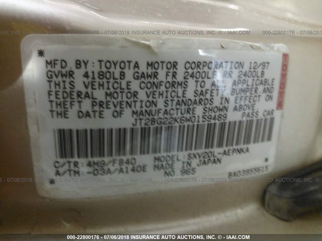 JT2BG22K6W0159489 - 1998 TOYOTA CAMRY CE/LE/XLE ოქროსფერი ფოტო 9