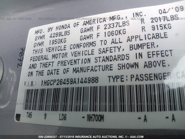 1HGCP26459A144988 - 2009 HONDA ACCORD LXP SILVER photo 9