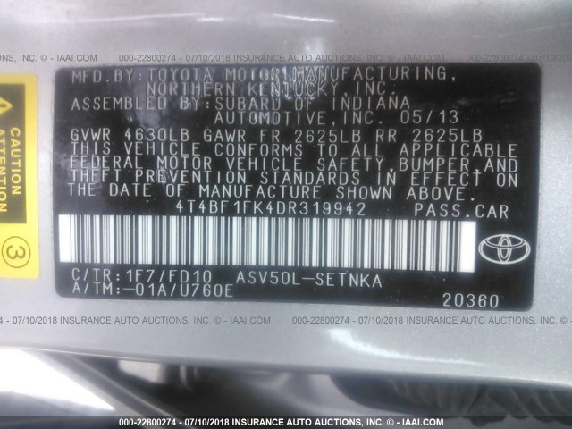 4T4BF1FK4DR319942 - 2013 TOYOTA CAMRY L/SE/LE/XLE 银色 照片 9