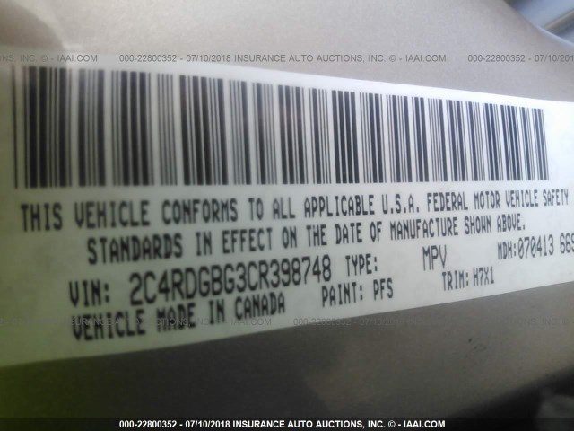 2C4RDGBG3CR398748 - 2012 DODGE GRAND CARAVAN SE GOLD photo 9