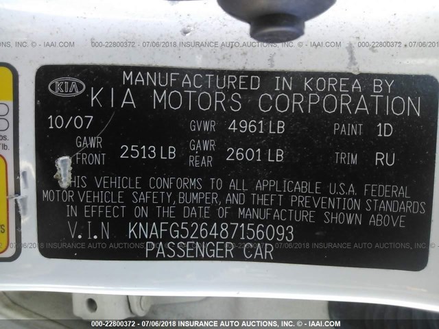 KNAFG526487156093 - 2008 KIA RONDO LX/EX WHITE photo 9