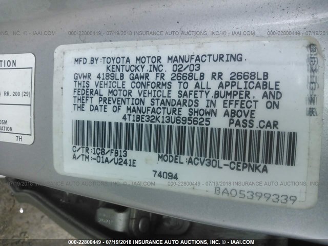 4T1BE32K13U695625 - 2003 TOYOTA CAMRY LE/XLE/SE Gümüş foto 9