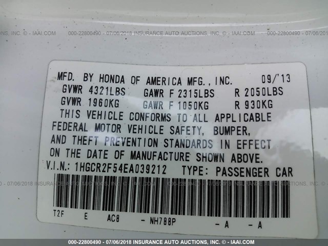 1HGCR2F54EA039212 - 2014 HONDA ACCORD SPORT WHITE photo 9