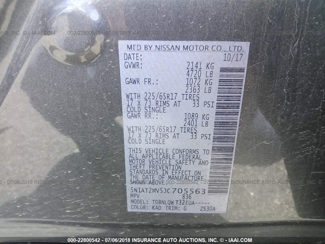 5N1AT2MV5JC705563 - 2018 NISSAN ROGUE SV/SL GRAY photo 9