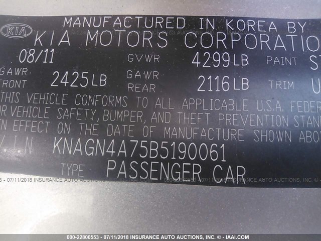 KNAGN4A75B5190061 - 2011 KIA OPTIMA EX/SX SILVER photo 9