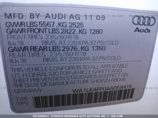 WA1LKAFP0AA056415 - 2010 AUDI Q5 PREMIUM PLUS WHITE photo 9