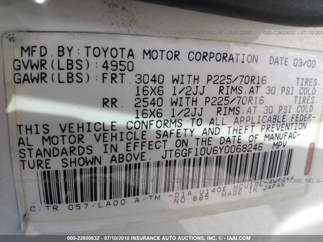 JT6GF10U6Y0068246 - 2000 LEXUS RX 300 WHITE photo 9