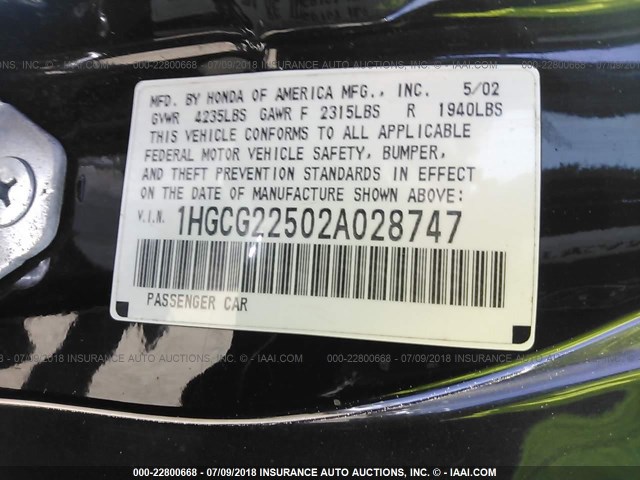 1HGCG22502A028747 - 2002 HONDA ACCORD EX BLACK photo 9