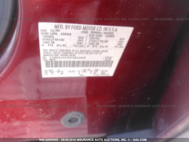 1FMNU43S0YEB63899 - 2000 FORD EXCURSION LIMITED RED photo 9