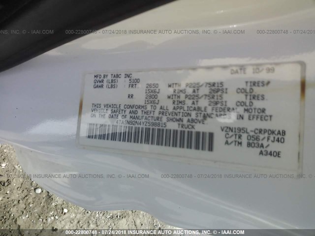 4TASN92N4YZ598815 - 2000 TOYOTA TACOMA XTRACAB PRERUNNER თეთრი ფოტო 9