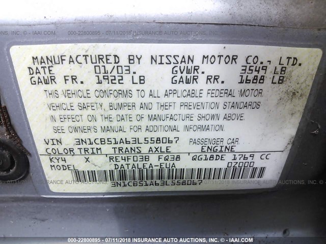 3N1CB51A63L558067 - 2003 NISSAN SENTRA GXE SILVER photo 9