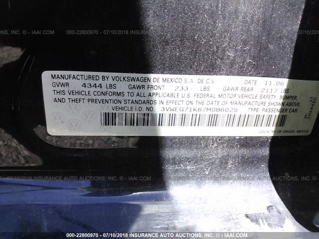 3VWEG71K67M086025 - 2007 VOLKSWAGEN JETTA WOLFSBURG BLACK photo 9