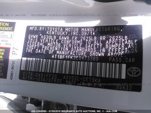 4T1BF1FK3EU473389 - 2014 TOYOTA CAMRY L/SE/LE/XLE 白色 照片 9