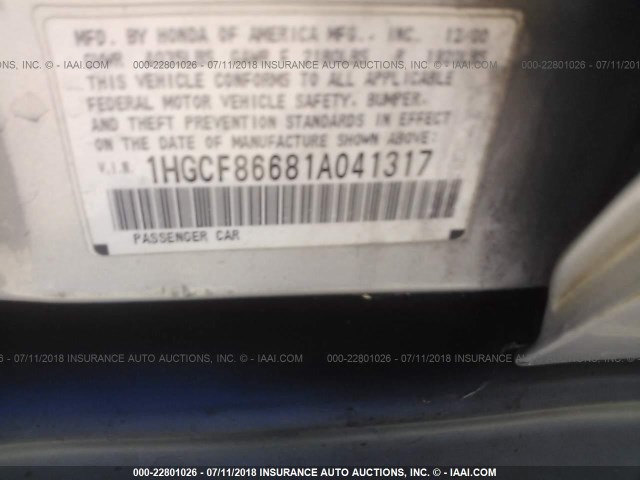 1HGCF86681A041317 - 2001 HONDA ACCORD VALUE SILVER photo 9