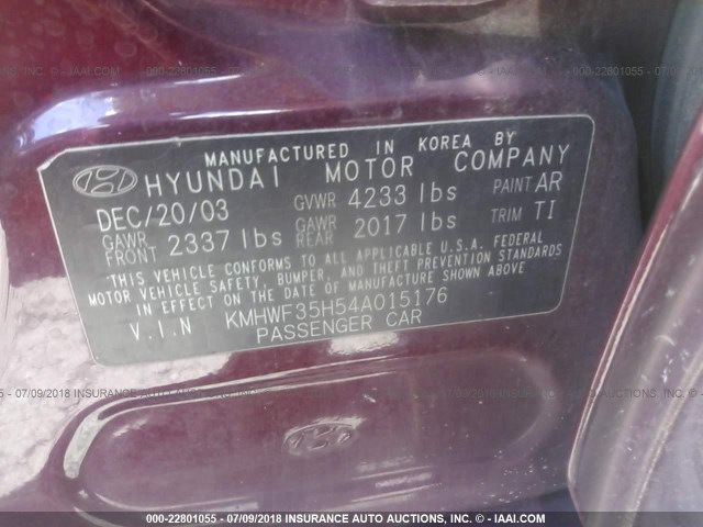 KMHWF35H54A015176 - 2004 HYUNDAI SONATA GLS/LX BURGUNDY photo 9