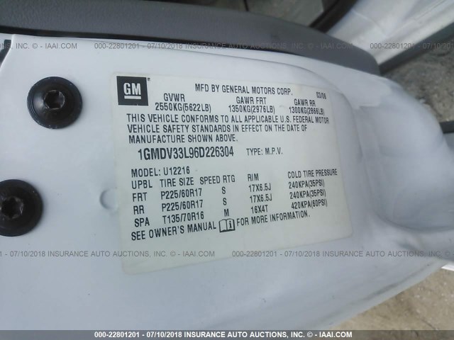 1GMDV33L96D226304 - 2006 PONTIAC MONTANA SV6 WHITE photo 9