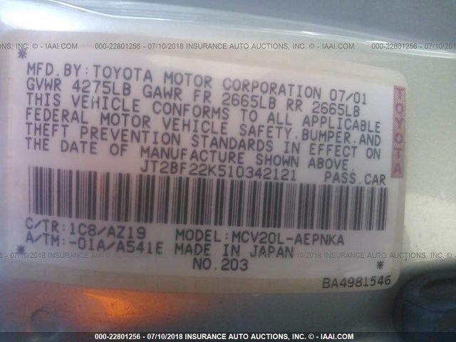 JT2BF22K510342121 - 2001 TOYOTA CAMRY CE/LE/XLE 银色 照片 9
