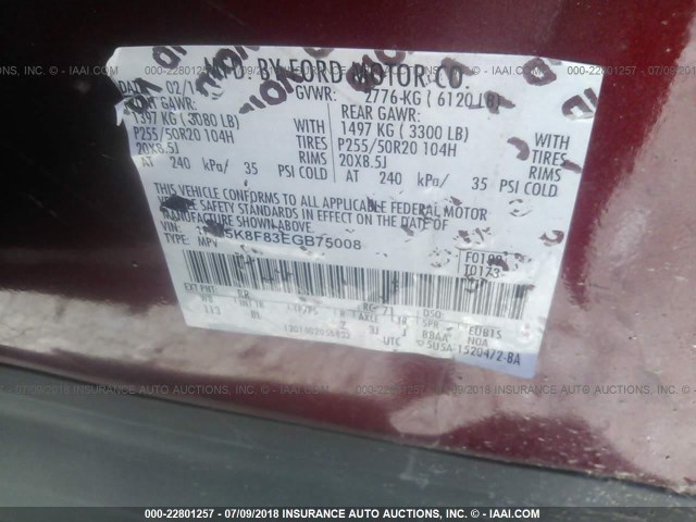 1FM5K8F83EGB75008 - 2014 FORD EXPLORER LIMITED 勃艮第红 照片 9