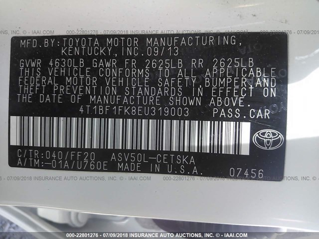 4T1BF1FK8EU319003 - 2014 TOYOTA CAMRY L/SE/LE/XLE 白色 照片 9
