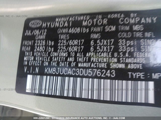 KM8JUCAC3DU576243 - 2013 HYUNDAI TUCSON GLS/LIMITED 绿色 照片 9