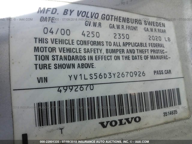 YV1LW56D4Y2651306 - 2000 VOLVO V70 GLT SILVER photo 9