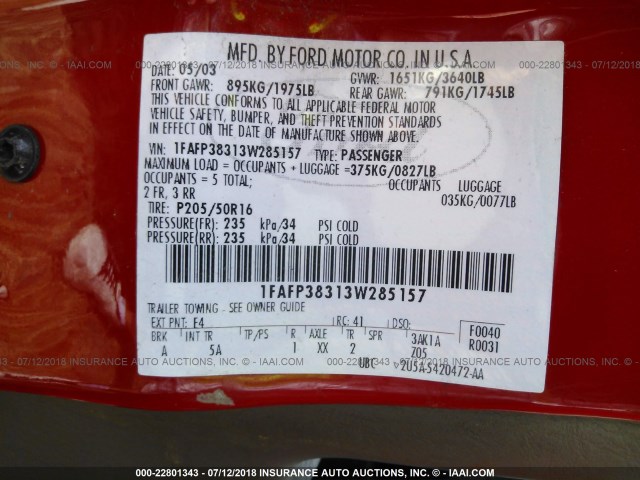 1FAFP38313W285157 - 2003 FORD FOCUS ZTS RED photo 9