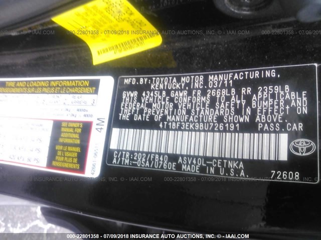 4T1BF3EK9BU726191 - 2011 TOYOTA CAMRY SE/LE/XLE შავი ფოტო 9