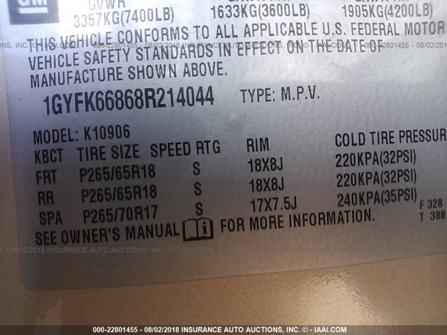 1GYFK66868R214044 - 2008 CADILLAC ESCALADE ESV CREAM photo 9