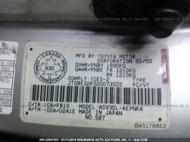 JTDBE32K520073555 - 2002 TOYOTA CAMRY LE/XLE/SE Qəhvəyi foto 9