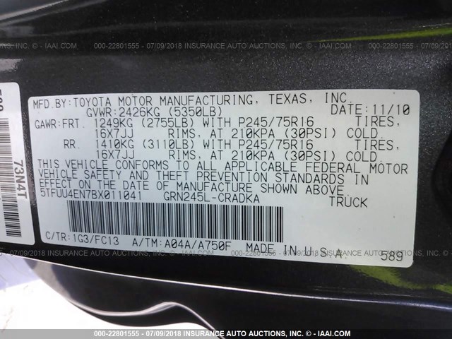 5TFUU4EN7BX011041 - 2011 TOYOTA TACOMA ACCESS CAB Grau Foto 9