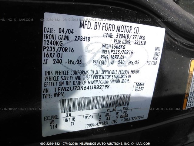 1FMZU73K64UB82198 - 2004 FORD EXPLORER XLT/XLT SPORT/NBX 黑色 照片 9