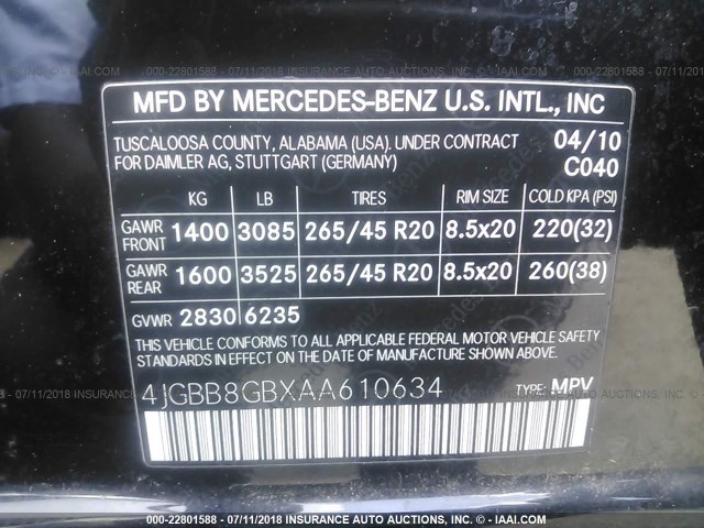 4JGBB8GBXAA610634 - 2010 MERCEDES-BENZ ML 350 4MATIC BLACK photo 9