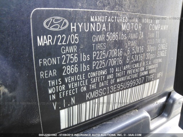 KM8SC13E95U999307 - 2005 HYUNDAI SANTA FE GLS/LX BLUE photo 9