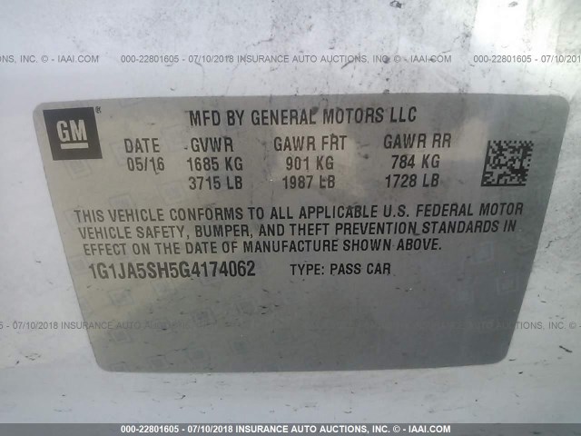 1G1JA5SH5G4174062 - 2016 CHEVROLET SONIC LS 白色 照片 9