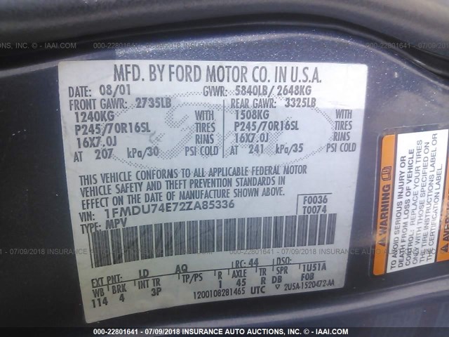 1FMDU74E72ZA85336 - 2002 FORD EXPLORER EDDIE BAUER BLUE photo 9