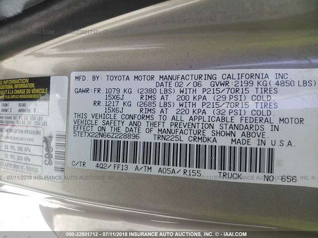 5TETX22N66Z228896 - 2006 TOYOTA TACOMA ACCESS CAB Алтын фото 9