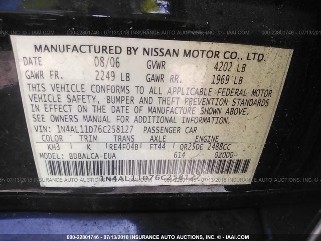 1N4AL11D76C258127 - 2006 NISSAN ALTIMA S/SL BLACK photo 9