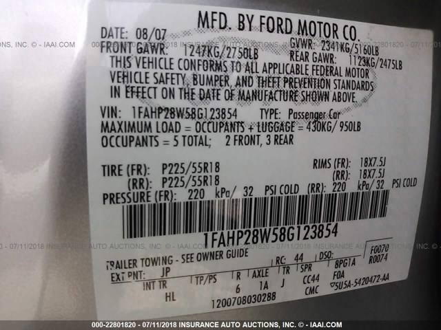 1FAHP28W58G123854 - 2008 FORD TAURUS LIMITED GRAY photo 9