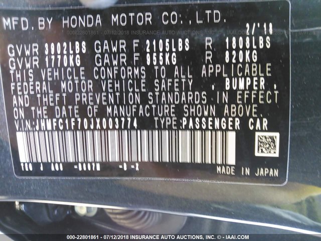 JHMFC1F70JX003774 - 2018 HONDA CIVIC EXL Dark Blue photo 9