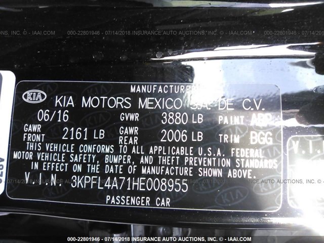 3KPFL4A71HE008955 - 2017 KIA FORTE LX/S BLACK photo 9