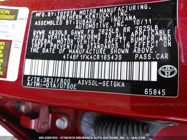 4T4BF1FK4CR165439 - 2012 TOYOTA CAMRY SE/LE/XLE წითელი ფოტო 9