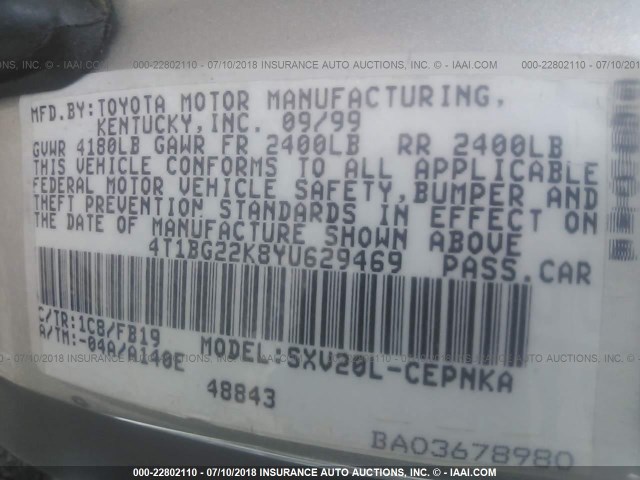 4T1BG22K8YU629469 - 2000 TOYOTA CAMRY CE/LE/XLE SILVER photo 9