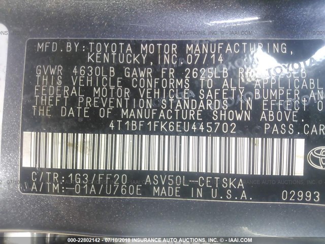 4T1BF1FK6EU445702 - 2014 TOYOTA CAMRY L/SE/LE/XLE Boz foto 9