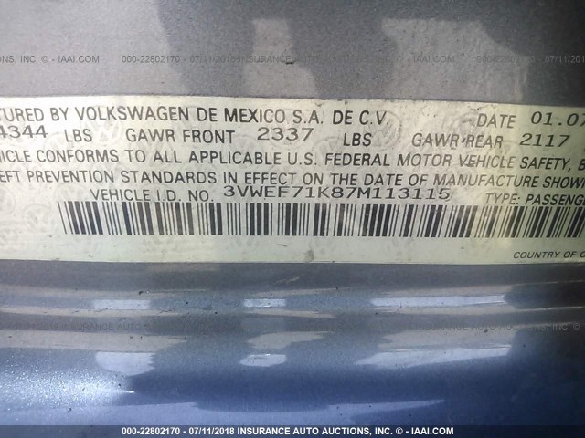 3VWEF71K87M113115 - 2007 VOLKSWAGEN JETTA WOLFSBURG 灰色 照片 9