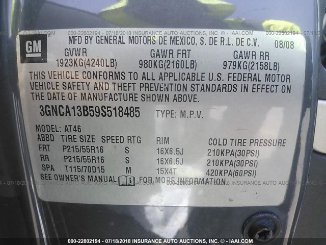 3GNCA13B59S518485 - 2009 CHEVROLET HHR LS Boz foto 9