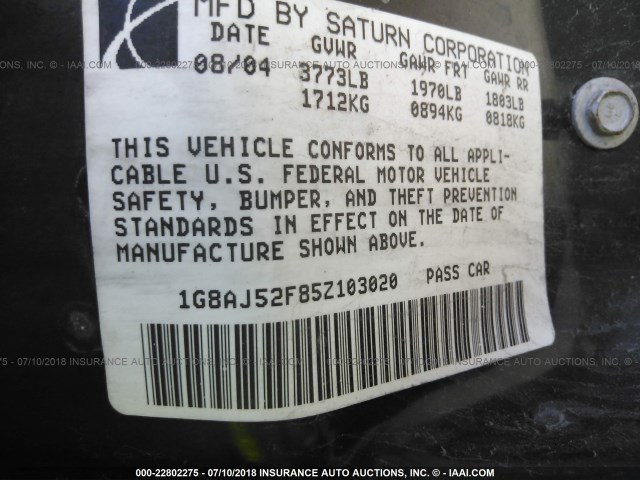 1G8AJ52F85Z103020 - 2005 SATURN ION LEVEL 2 SILVER photo 9