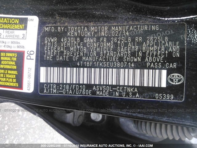 4T1BF1FK5EU380714 - 2014 TOYOTA CAMRY L/SE/LE/XLE Qara foto 9