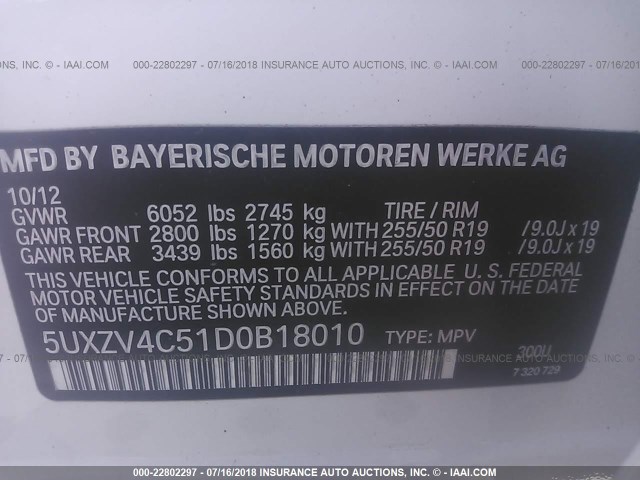 5UXZV4C51D0B18010 - 2013 BMW X5 XDRIVE35I WHITE photo 9